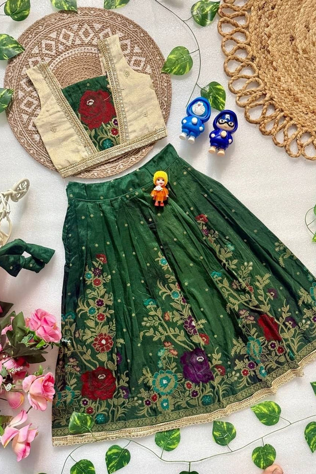 Girls Designer Viscose Dola Silk Embroidered Festive Lehenga Choli with Shimmer Tissue Blouse - Rosepetals Luxe