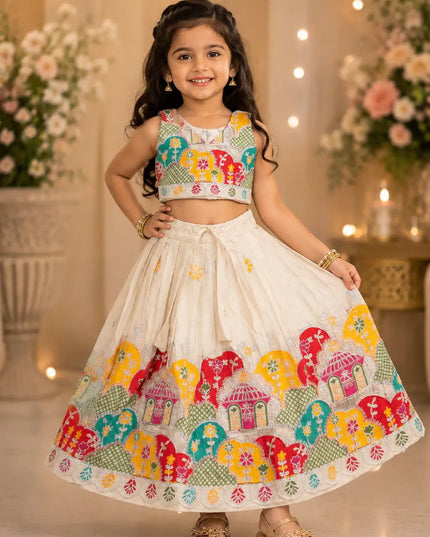 Girls Embroidered Cambric Cotton Lehenga Choli Set – Fully Stitched Kids Festive Ethnic Wear - Rosepetals Luxe
