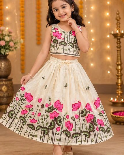 Girls Embroidered Cambric Cotton Lehenga Choli Set – Fully Stitched Kids Festive Ethnic Wear - Rosepetals Luxe