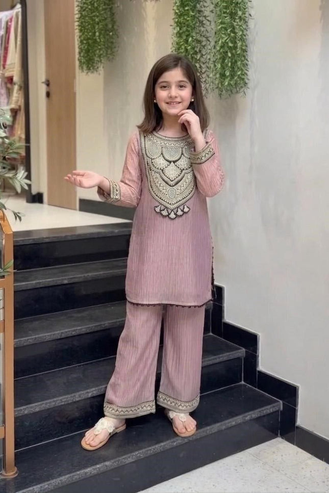 Girls Embroidered Crunchy Silk Kurti Set | Kurti, Pant & Dupatta - Rosepetals Luxe