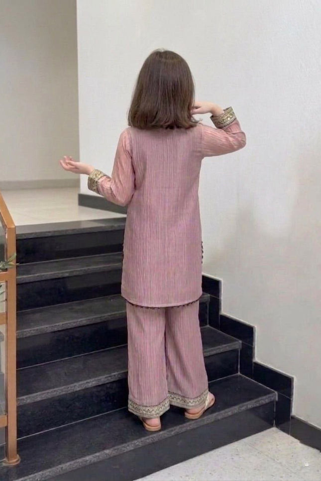 Girls Embroidered Crunchy Silk Kurti Set | Kurti, Pant & Dupatta - Rosepetals Luxe