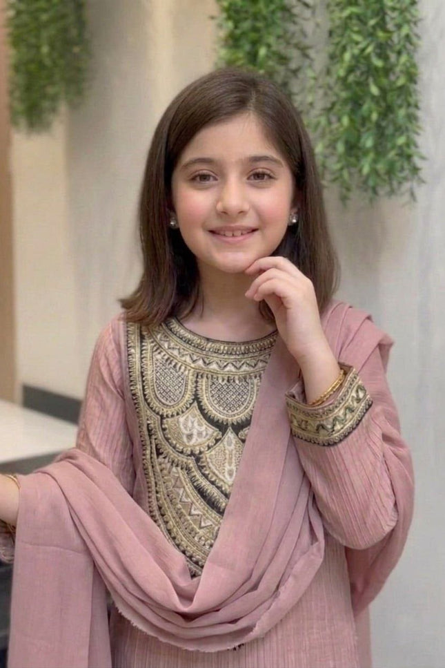 Girls Embroidered Crunchy Silk Kurti Set | Kurti, Pant & Dupatta - Rosepetals Luxe