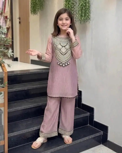 Girls Embroidered Crunchy Silk Kurti Set | Kurti, Pant & Dupatta - Rosepetals Luxe