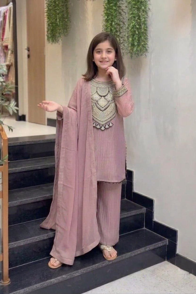 Girls Embroidered Crunchy Silk Kurti Set | Kurti, Pant & Dupatta - Rosepetals Luxe