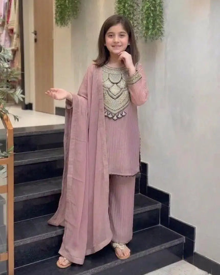 Girls Embroidered Crunchy Silk Kurti Set | Kurti, Pant & Dupatta - Rosepetals Luxe