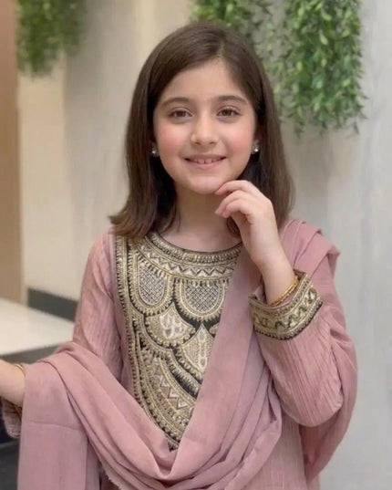 Girls Embroidered Crunchy Silk Kurti Set | Kurti, Pant & Dupatta - Rosepetals Luxe