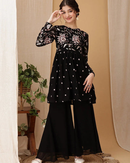Girls Embroidered Fox Georgette Kurta Palazzo Set | Festive & Party Wear | Ages 6–15 - Rosepetals Luxe