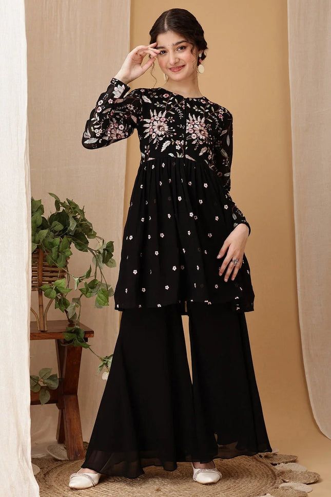 Girls Embroidered Fox Georgette Kurta Palazzo Set | Festive & Party Wear | Ages 6–15 - Rosepetals Luxe