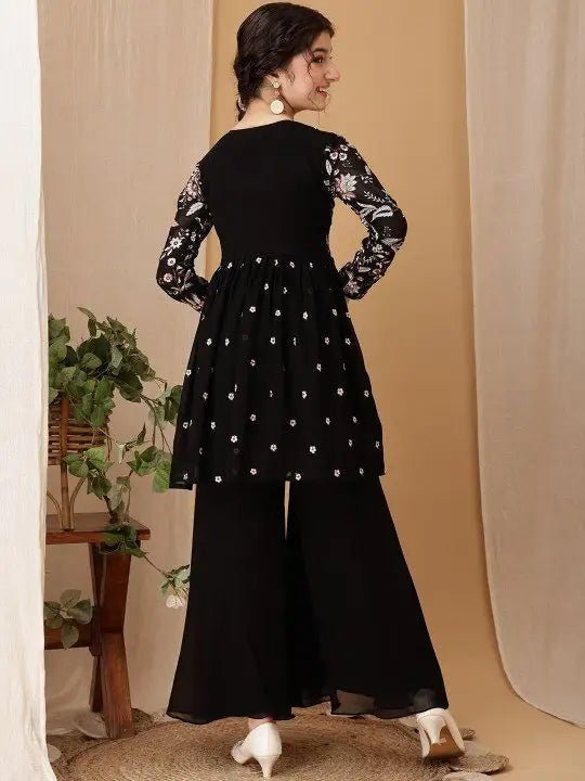 Girls Embroidered Fox Georgette Kurta Palazzo Set | Festive & Party Wear | Ages 6–15 - Rosepetals Luxe