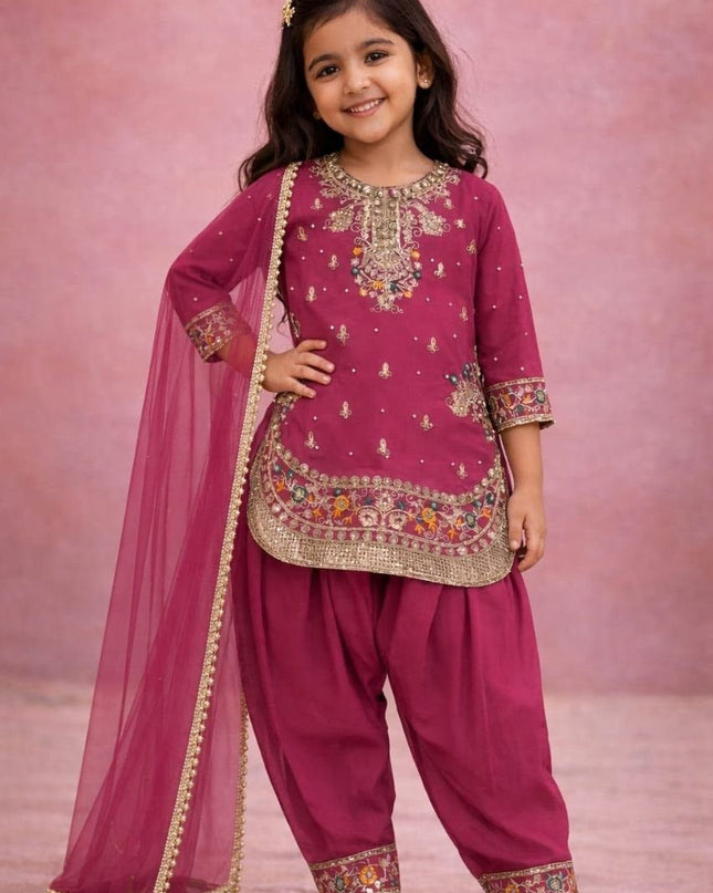 Girls Ethnic Patiala Set | Georgette Embroidered Kurti Salwar with Net Dupatta - Rosepetals Luxe
