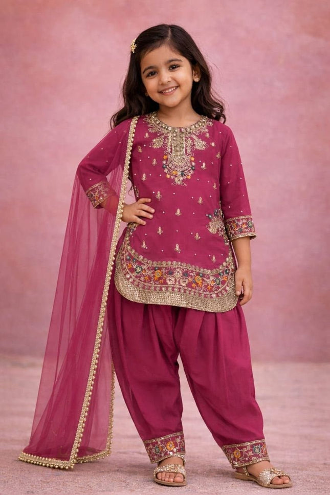 Girls Ethnic Patiala Set | Georgette Embroidered Kurti Salwar with Net Dupatta - Rosepetals Luxe