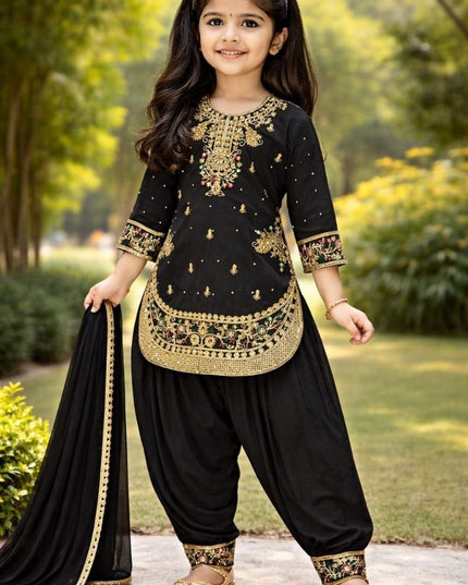 Girls Ethnic Patiala Set | Georgette Embroidered Kurti Salwar with Net Dupatta - Rosepetals Luxe