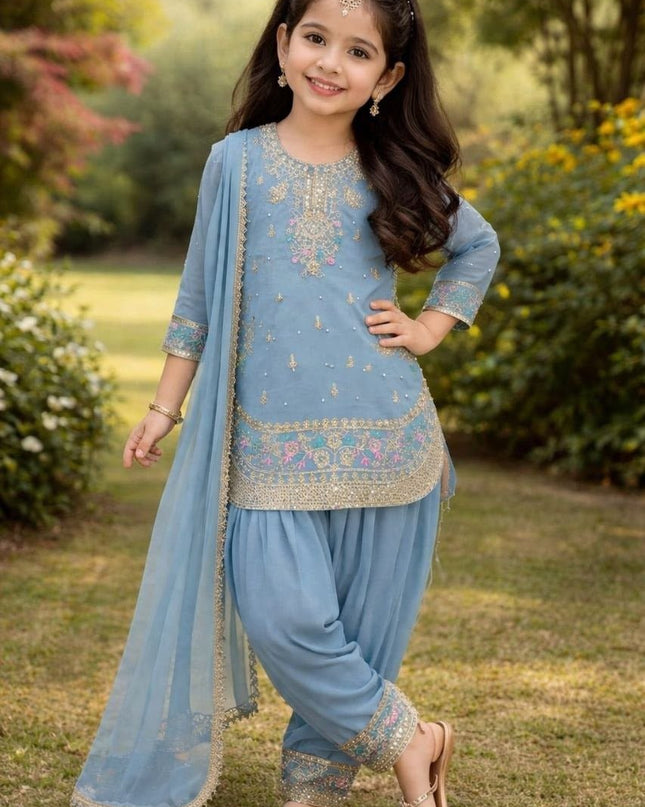 Girls Ethnic Patiala Set | Georgette Embroidered Kurti Salwar with Net Dupatta - Rosepetals Luxe