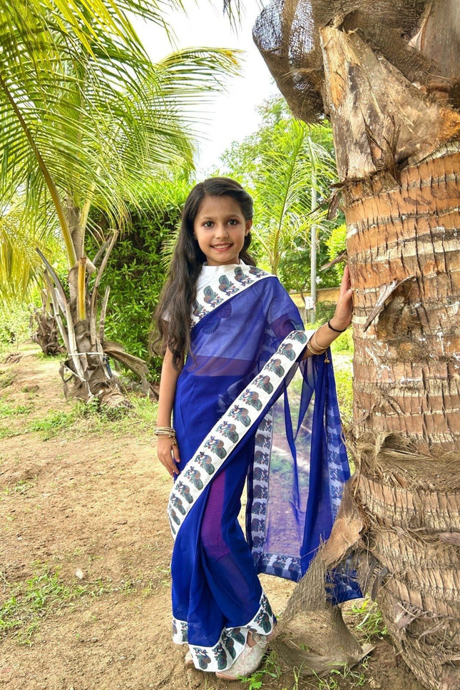 Girls Faux Saree with Stitched Dola Silk Blouse | Festive & Wedding | Ages 1–15 - Rosepetals Luxe