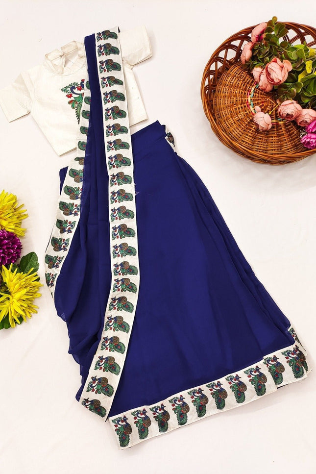 Girls Faux Saree with Stitched Dola Silk Blouse | Festive & Wedding | Ages 1–15 - Rosepetals Luxe