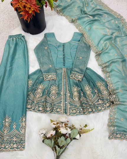 Girls Festive 3-Piece Set | Fendy Silk Sequin Embroidery | Top, Palazzo & Dupatta | Sizes 5–15Y - Rosepetals Luxe