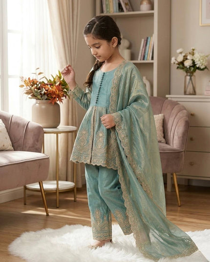 Girls Festive 3-Piece Set | Fendy Silk Sequin Embroidery | Top, Palazzo & Dupatta | Sizes 5–15Y - Rosepetals Luxe