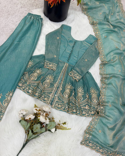 Girls Festive 3-Piece Set | Fendy Silk Sequin Embroidery | Top, Palazzo & Dupatta | Sizes 5–15Y - Rosepetals Luxe