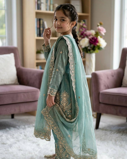 Girls Festive 3-Piece Set | Fendy Silk Sequin Embroidery | Top, Palazzo & Dupatta | Sizes 5–15Y - Rosepetals Luxe