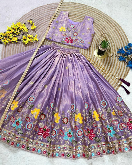 Girls Fully Stitched Sindur Silk Lehenga Set Sequin Embroidery Work With Net Dupatta - Rosepetals Luxe