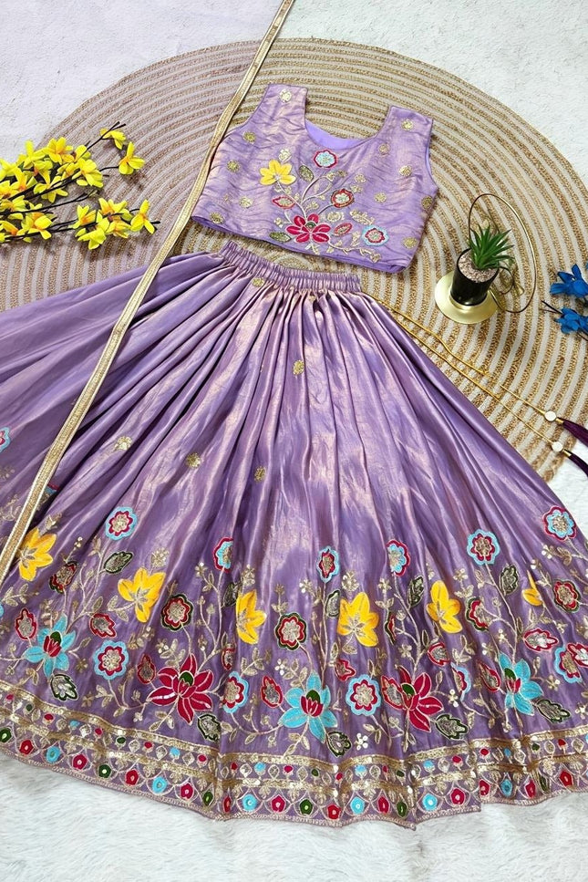 Girls Fully Stitched Sindur Silk Lehenga Set Sequin Embroidery Work With Net Dupatta - Rosepetals Luxe
