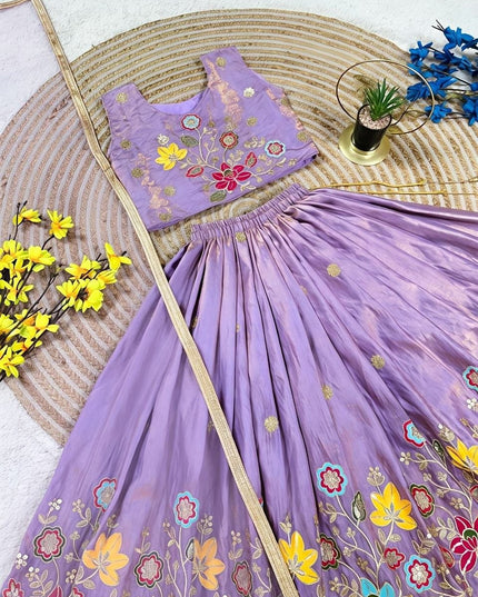 Girls Fully Stitched Sindur Silk Lehenga Set Sequin Embroidery Work With Net Dupatta - Rosepetals Luxe