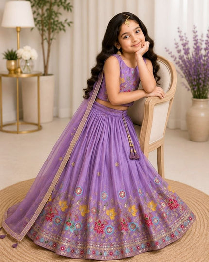 Girls Fully Stitched Sindur Silk Lehenga Set Sequin Embroidery Work With Net Dupatta - Rosepetals Luxe