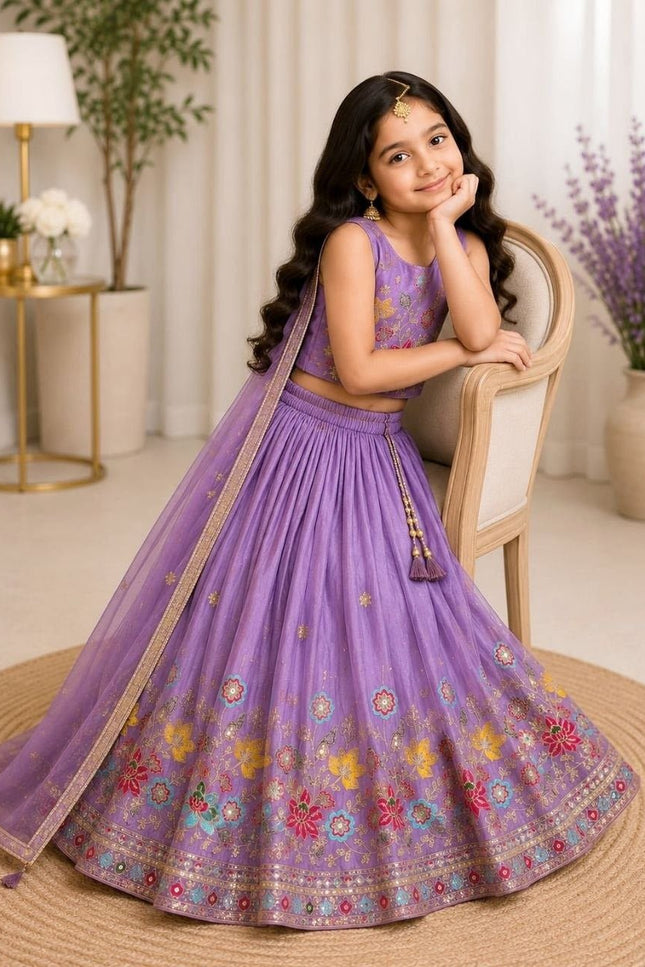 Girls Fully Stitched Sindur Silk Lehenga Set Sequin Embroidery Work With Net Dupatta - Rosepetals Luxe