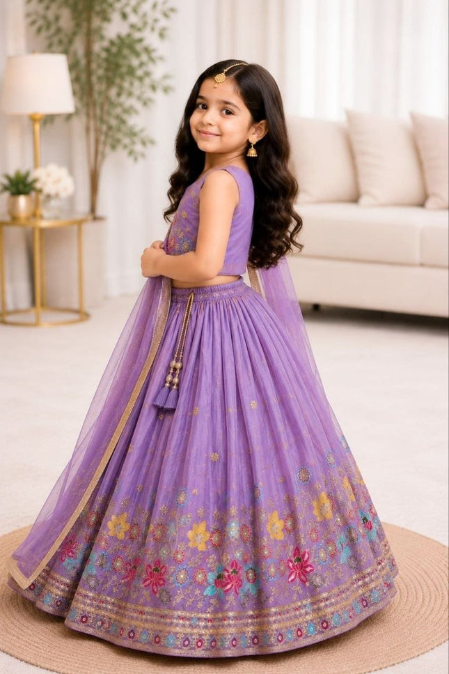 Girls Fully Stitched Sindur Silk Lehenga Set Sequin Embroidery Work With Net Dupatta - Rosepetals Luxe
