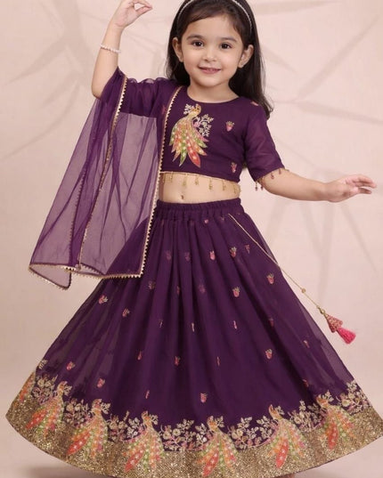 Girls Georgette Lehenga Choli Set | Embroidery & Sequin Work | Net Dupatta | Ages 2–15 | Rosepetals Luxe - Rosepetals Luxe