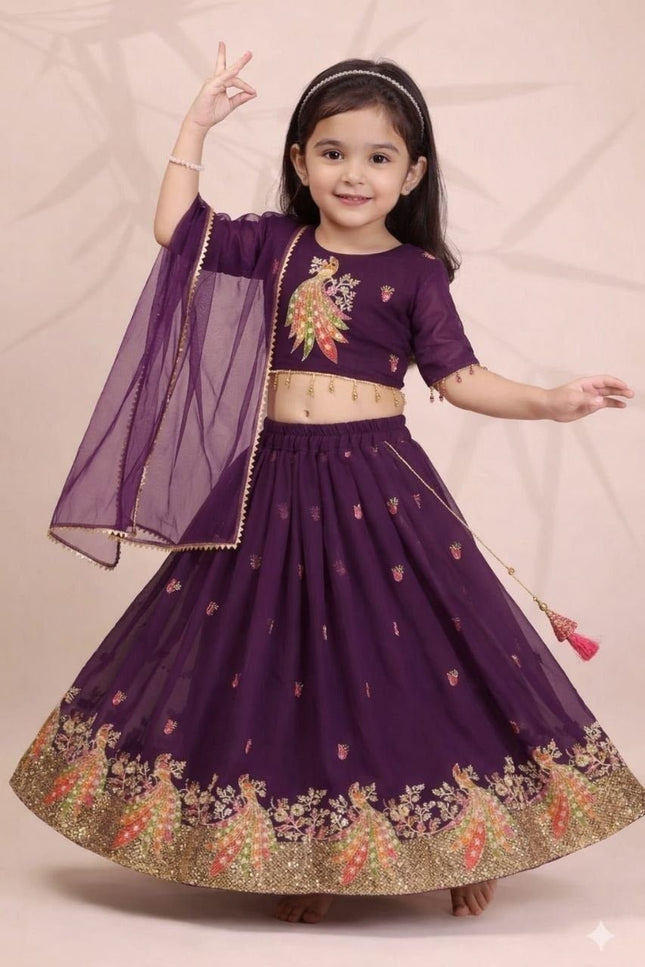 Girls Georgette Lehenga Choli Set | Embroidery & Sequin Work | Net Dupatta | Ages 2–15 | Rosepetals Luxe - Rosepetals Luxe