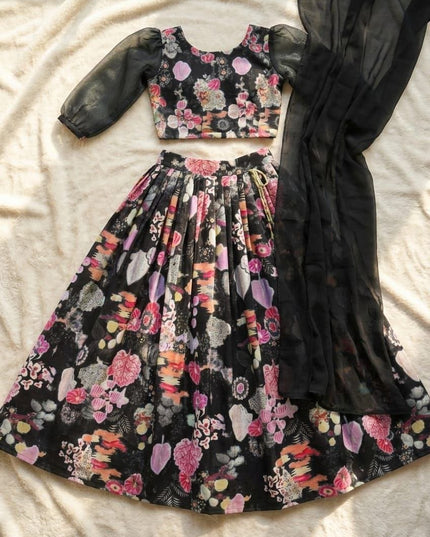 Girls Half Saree Lehenga Set | Digital Print Twill Cotton | Georgette Dupatta | Rosepetals Luxe - Rosepetals Luxe