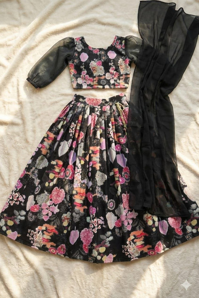 Girls Half Saree Lehenga Set | Digital Print Twill Cotton | Georgette Dupatta | Rosepetals Luxe - Rosepetals Luxe