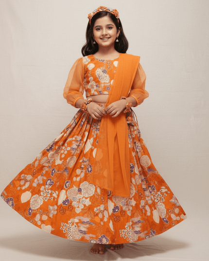 Girls Half Saree Lehenga Set | Digital Print Twill Cotton | Georgette Dupatta | Rosepetals Luxe - Rosepetals Luxe