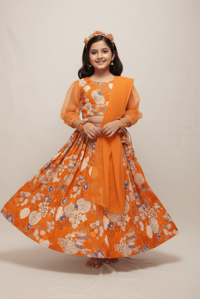 Girls Half Saree Lehenga Set | Digital Print Twill Cotton | Georgette Dupatta | Rosepetals Luxe - Rosepetals Luxe