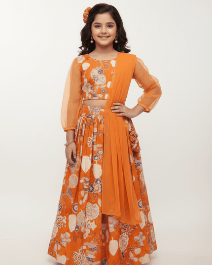Girls Half Saree Lehenga Set | Digital Print Twill Cotton | Georgette Dupatta | Rosepetals Luxe - Rosepetals Luxe