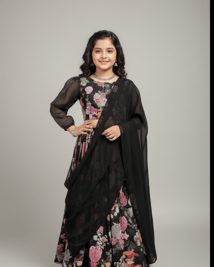 Girls Half Saree Lehenga Set | Digital Print Twill Cotton | Georgette Dupatta | Rosepetals Luxe - Rosepetals Luxe