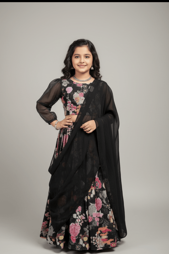 Girls Half Saree Lehenga Set | Digital Print Twill Cotton | Georgette Dupatta | Rosepetals Luxe - Rosepetals Luxe