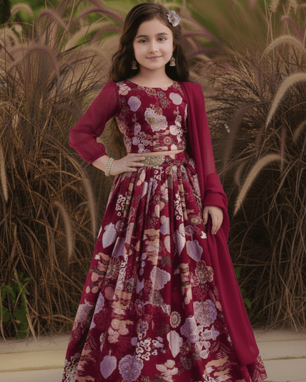 Girls Half Saree Lehenga Set | Digital Print Twill Cotton | Georgette Dupatta | Rosepetals Luxe - Rosepetals Luxe