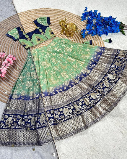 Girls Half Saree Set | Pista Pure Silk Lehenga | Embroidery Blouse | Sequin Dupatta - Rosepetals Luxe