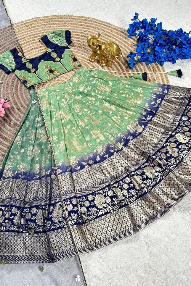 Girls Half Saree Set | Pista Pure Silk Lehenga | Embroidery Blouse | Sequin Dupatta - Rosepetals Luxe