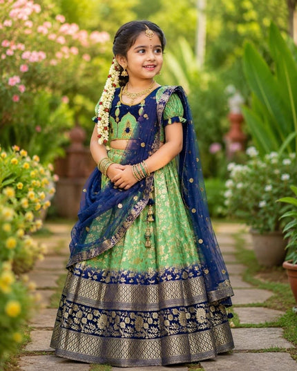 Girls Half Saree Set | Pista Pure Silk Lehenga | Embroidery Blouse | Sequin Dupatta - Rosepetals Luxe