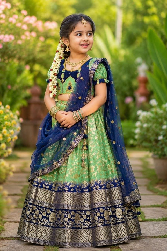 Girls Half Saree Set | Pista Pure Silk Lehenga | Embroidery Blouse | Sequin Dupatta - Rosepetals Luxe