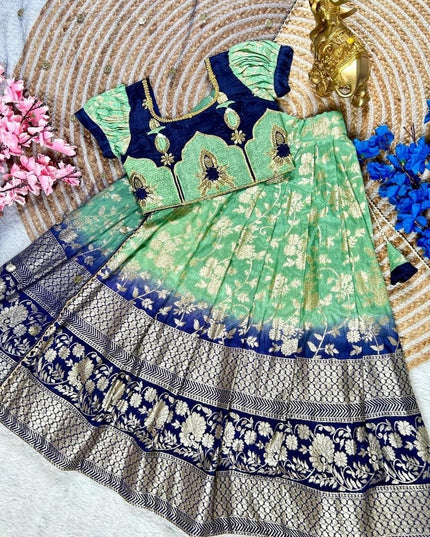 Girls Half Saree Set | Pista Pure Silk Lehenga | Embroidery Blouse | Sequin Dupatta - Rosepetals Luxe