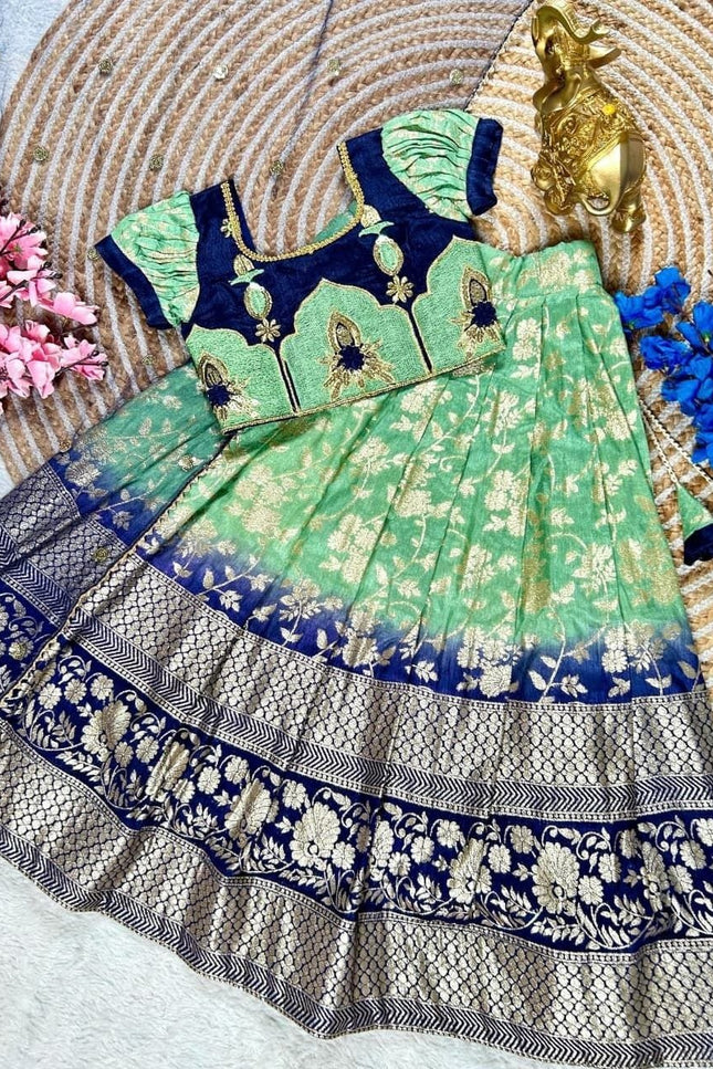 Girls Half Saree Set | Pista Pure Silk Lehenga | Embroidery Blouse | Sequin Dupatta - Rosepetals Luxe