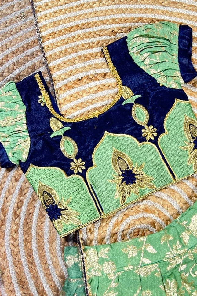 Girls Half Saree Set | Pista Pure Silk Lehenga | Embroidery Blouse | Sequin Dupatta - Rosepetals Luxe