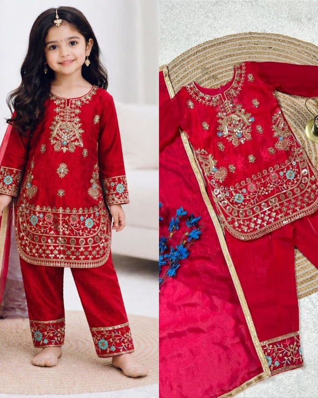 Girls Heavy Fendi Silk Designer Party Wear Top, Palazzo & Dupatta Set | Festive Wear - Rosepetals Luxe