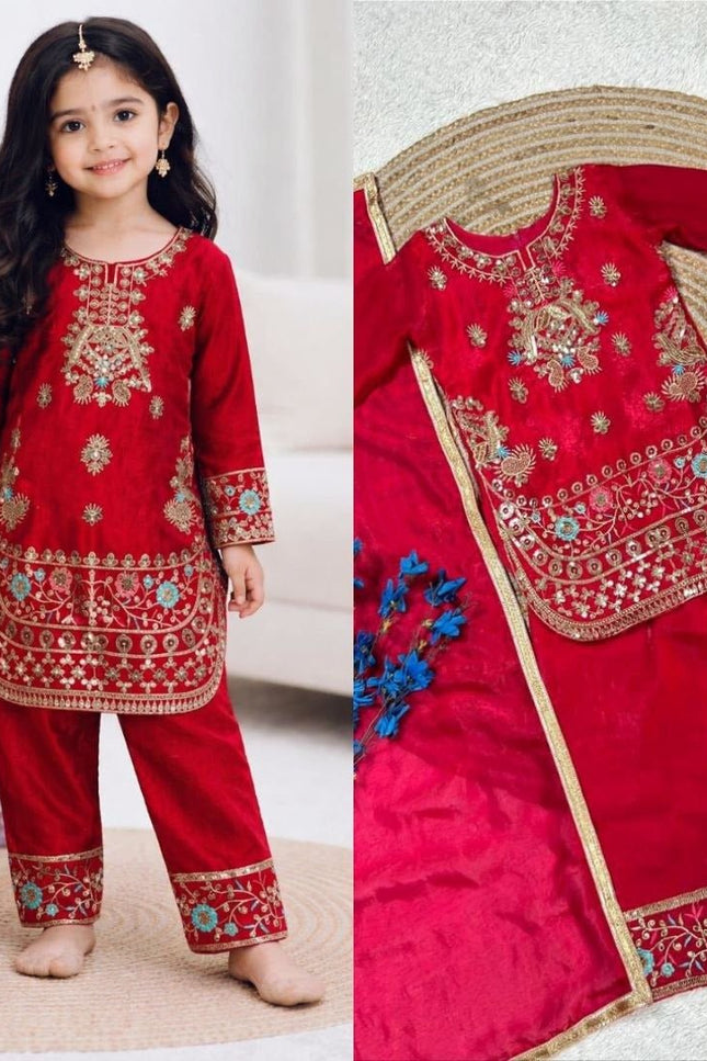 Girls Heavy Fendi Silk Designer Party Wear Top, Palazzo & Dupatta Set | Festive Wear - Rosepetals Luxe