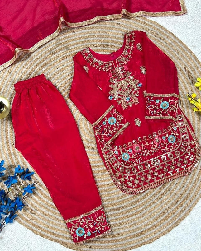 Girls Heavy Fendi Silk Designer Party Wear Top, Palazzo & Dupatta Set | Festive Wear - Rosepetals Luxe