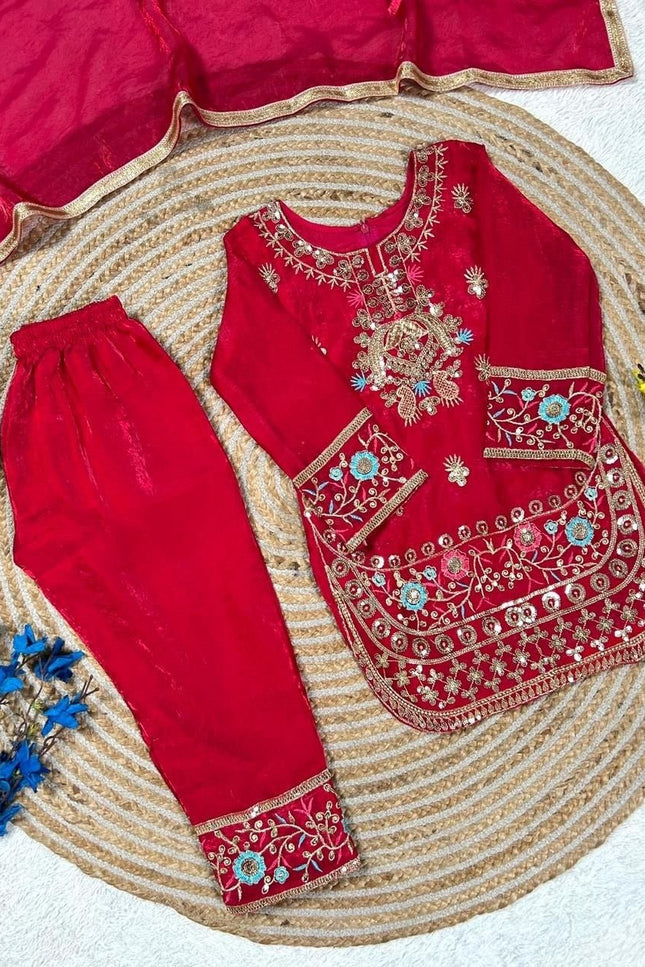 Girls Heavy Fendi Silk Designer Party Wear Top, Palazzo & Dupatta Set | Festive Wear - Rosepetals Luxe